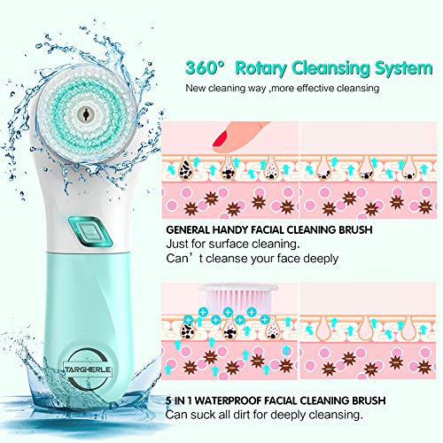 Facial Cleansing Brush, Targherle Facial Brush Waterproof Battery Operated Face Brush Set with 5 Brush Heads for Deep Cleansing, Exfoliating, Removing Blackhead and Makeup Residue (Green)