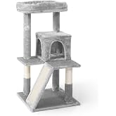 CAPHAUS Cats Kittens Tower with Large Modern Widened Perch, Cute 37-Inch Indoor Multi-Level Cat Activity Tree Scratching Posts, Small Ramp, 2-Door Cave Condo for Cats, Light Grey