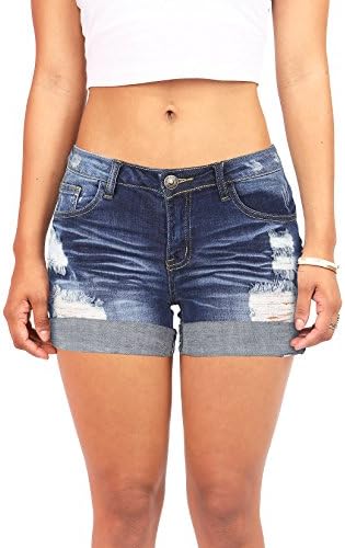 Machine Women's Juniors Low-Rise Acid Wash Shorts (M, Dark Denim)