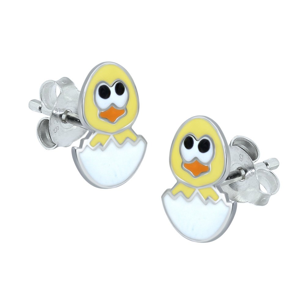 Sterling Silver Chicken In Egg Shell Earrings - Yellow Chick Easter