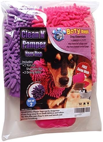 BoTy Dogs Clean N Pamper Bundle One Natural Shampoo Bar Moisturizing Dog Soap, 2 Chenille Dog Drying Mitts, Free Matching Soap Dish, 4 oz