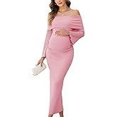 AISWI Off The Shoulder Maternity Dress Bell Sleeves Ruched Bodycon Maxi Elegant Pregnancy Dresses Baby Shower Photoshoot