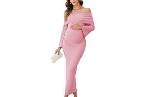 AISWI Off The Shoulder Maternity Dress Bell Sleeves Ruched Bodycon Maxi Elegant Pregnancy Dresses Baby Shower Photoshoot