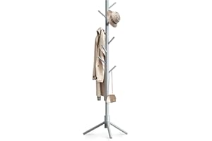 OUTGAVA Wooden Coat Rack Freestanding with 8 Hooks,Easy Assembly New Zealand Pine Tree Coat Racks, 3 Adjustable Sizes for Clothes, Hats, Bags, for Entryway, Hallway, Bedroom, Office (Grey)