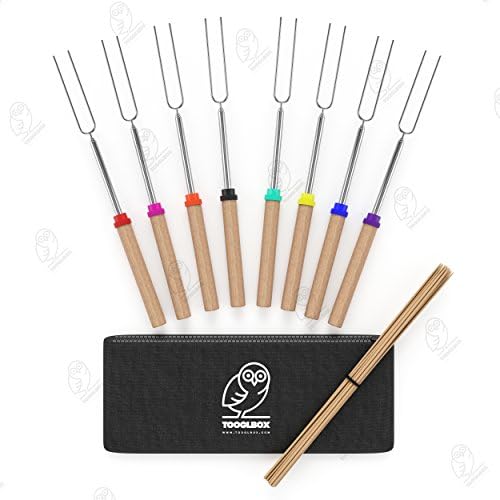 TooglBox - 4 or 8 Piece 32 Inch Marshmallow Roasting Stick - Telescoping Stainless Steel Cookware Set-Forks for Smores &amp; Hot Dogs - BONUS 20 Bamboo skewers &amp; Bag (8)