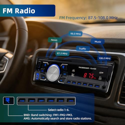 Car Radio Bluetooth 1 DIN – Car Radio with Remote Control/FM Radio/USB | Supports Hands-Free Calls/AUX-in/EQ/ Type-C Charging - 12V Car Stereo