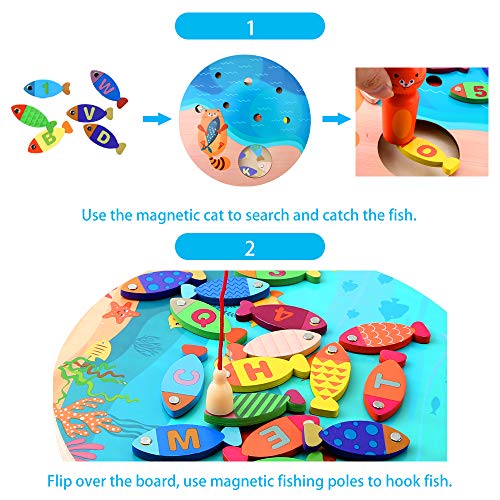 BeebeeRun Magnetic Wooden Fishing Game Toy for Toddlers - Alphabet Fish Catching Counting Preschool Board Games Toys for 3 4 5 Year Old Girl Boy Kids Birthday Learning Education Math with Magnet Pole - Thumbnail 3