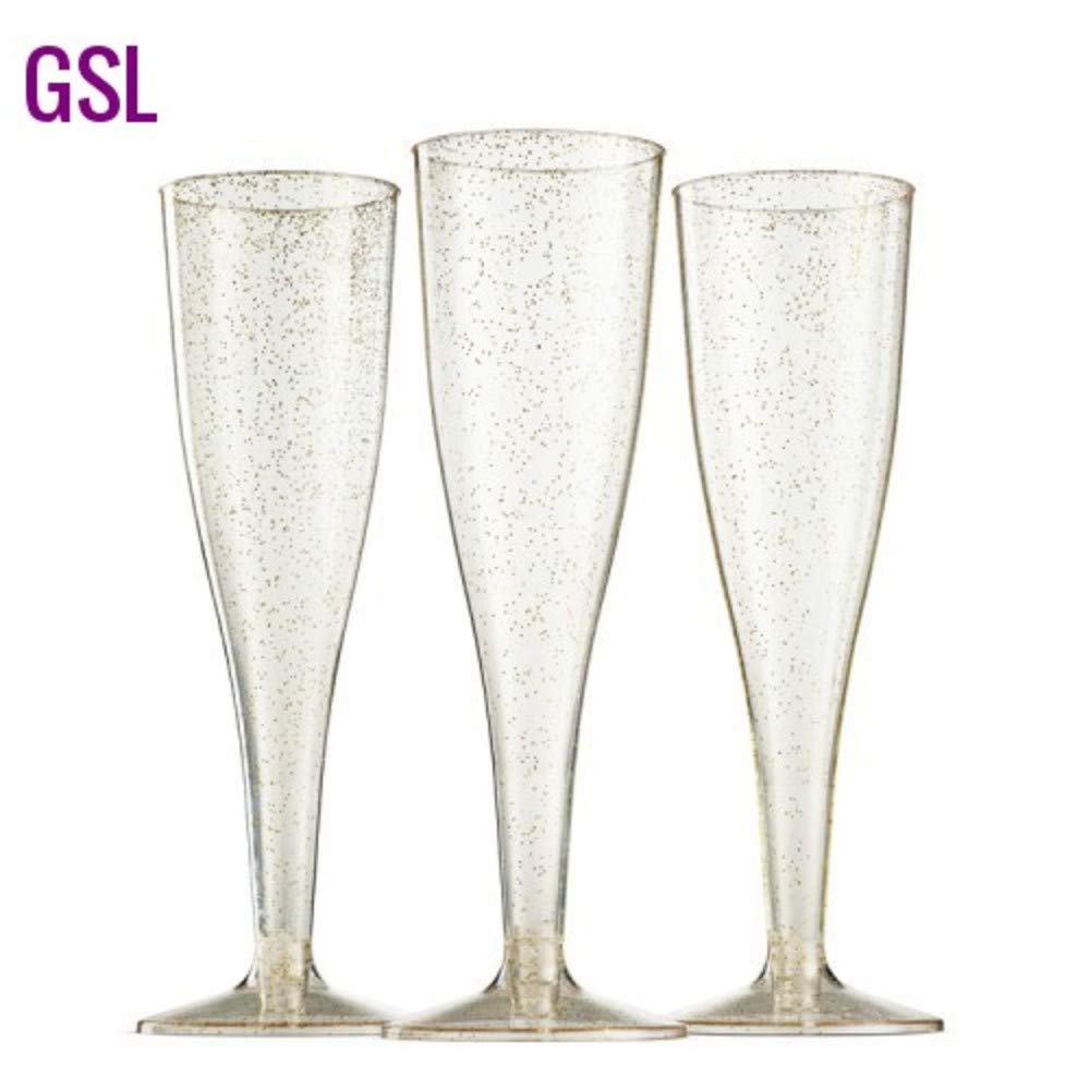 10 x GOLD GLITTER CLEAR ONE PIECE PLASTIC CHAMPAGNE FLUTES GLASSES