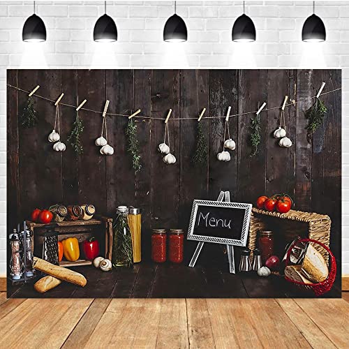 Photo 1 of Menu Kitchen Newborn Little Chef Birthday Portrait Backdrop Photo Studio Cook Birthday Background Wooden Bread Tomato (5x3FT/1.5x0.9m)