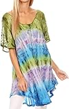 Sakkas 16786 - Monet Long Tall Tie Dye Ombre Embroidered Cap Sleeve Blouse Shirt Top - Green / Purple - OS