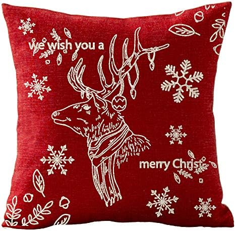 Merry Christmas Red Snowflake Deer Leaves Gift Holiday Cotton Linen Pillowcase Throw Pillow Covers Cushion Cover Pillowcover Sofa Decorative Square 18x18 inch Decorative Pillow Wedding Birthday