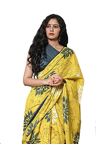 Woman Hand Block Printed Jaipuri Print Cotton Mulmul Saree with unstitched Blouse