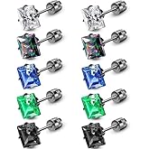 ONESING 4-6 Pairs Stud Earrings for Men Women, Stainless Steel Hypoallergenic Cubic Zirconia Earrings Studs Silver/Black Cartilage Helix Tragus Earring Set for Multiple Piercing