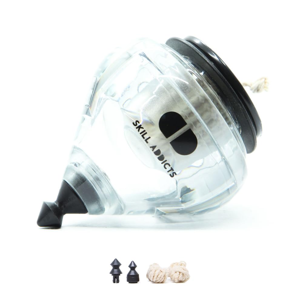 SkillAddicts Fixed Spin Top with Spare Tips, Strings and Spinning Top Tricks Learning App, Modern Skill Toy for Kids and Adults - Clear