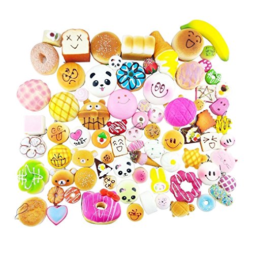 SUNREEK 30 PCS Random Kawaii Mini Soft Foods Panda Bread Bun Toasts Donuts Phone Straps Charm,Squishies Phone Key Chain Bread Strap,Hand Pillow Toy Gift