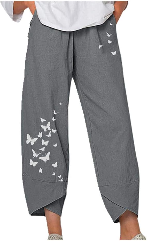 U/A Vintage Pants Women's Summer Trousers Casual Elastic Waist Asymmetrical Female Cropped Pants