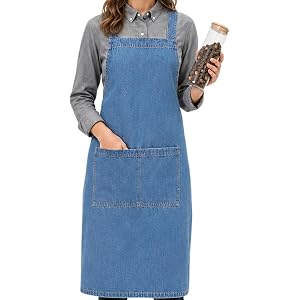 Denim Apron For Women With Pockets Men Work Chef Apron Server Smock