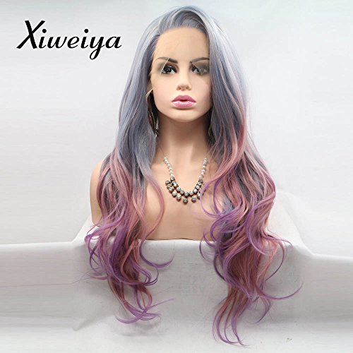 Xiweiya Ombre Purple to pink Long Wavy Wig Mermaid Synthetic Lace Front Wigs Body Wave Side Part Long Soft Mix Color Wig Mermaid Heat Resistant Fiber Hair Replacement Wig for Women Makeup 24 Inch