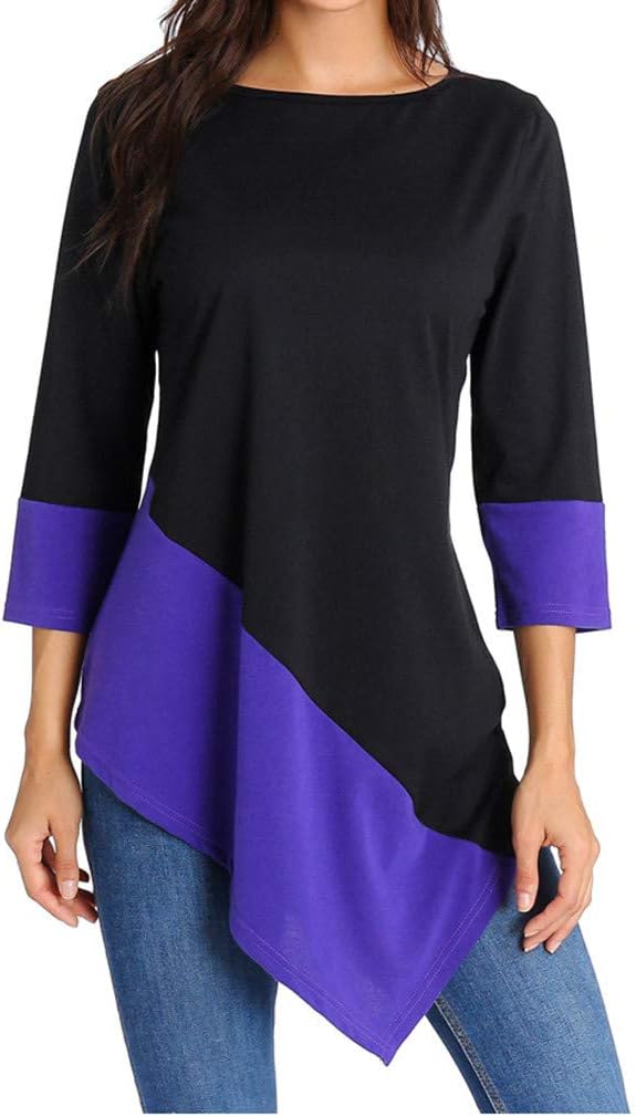 Women 3/4 Sleeve Patchwork Tunic Tops Loose Blouse Casual Irregular Shirt