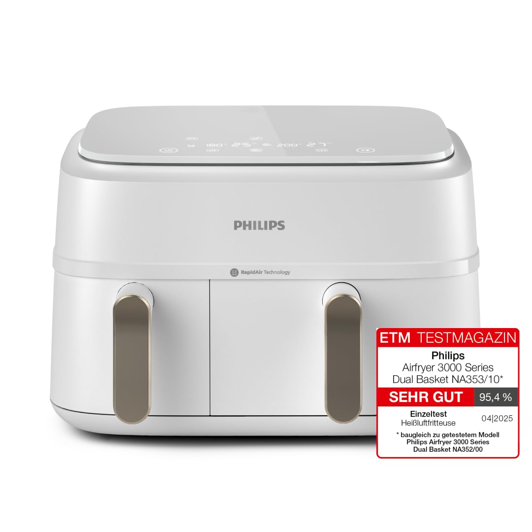 Philips Airfryer 3000 Series Dual Basket, Heißluftfritteuse mit 2 Körben, 9L Kapazität (6L+3L), RapidAir Plus Heißlufttechnologie, 90% weniger Fett, Rezepte-App, Spülmaschinenfest, Weiß (NA353/10) 2
