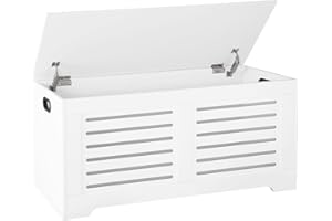 DINZI LVJ Storage Chest, 43.3” Wooden Toy Box with 2 Safety Hinges, Retro Entryway Shoe Storage Bench with Flip-Top, Sturdy Large Storage Trunk for Living Room, Bedroom, Easy Assembly, White