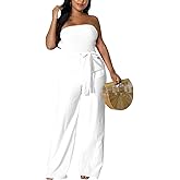 FairyLove Women's Strapless Tube Top Rompers Casual Off Shoulder Printed Sleeveless Belted Wide Leg Jumpsuit with Pockets