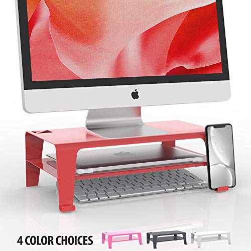 2-Tier Monitor Stand and Desk Organizer, Red, Steel  –  Sturdy, Ergonomic Computer Riser  with  Phone Stand  for Apple, PC –  Stylish Desk Shelf  – Premium Office Desk Organizers and Accessories