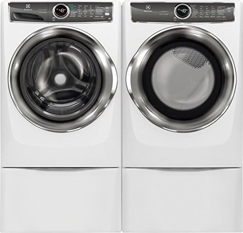 Electrolux White Front Load Laundry Pair with EFLS627UIW 27" Washer, EFMG627UIW 27" Gas Dryer and 2 EPWD257UIW Pedestals