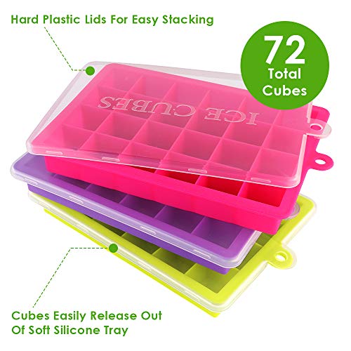 EZCO Silicone Ice Cube Molds (3-Pack), Ice Cube Trays Square Easy Release 24 Cavity BPA Free Ice Makers with Lid for Ice, Whiskey, Cocktail, Candy, Chocolate