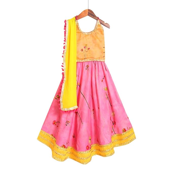 Kids Chakra By Hopscotch Girls Cotton Floral Lehengas & Blouses In Pink Color
