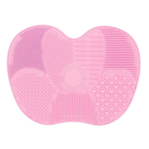 1MATCH Silicon Makeup Brush Cleaning Mat Makeup Brush Cleaner Pad Cosmetic Brush Cleaning Mat Portable Washing Tool Scrubber with Suction Cup (Pink)