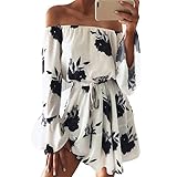 Mandystore Womens Off Shoulder Dress Floral Printed Long Sleeve Beach Dress with Belt (L, Black)