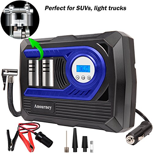 12V DC Air Compressor Pump, Digital Tire Inflator by 150psi, 12V Preset Pressure Tire Pump with Connect Clamps and 3 High-Air Flow Nozzles Perfect for Bicycle, Sport Balls and Other Inflatables