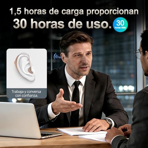 Redução digital de ruído com volume ajustável. Dispositivo de som recarregável para seniores, com design confortável e leve atrás da orelha e porta de carregamento tipo C.