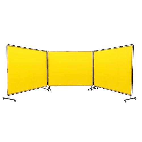 VEVOR Welding Screen with Frame, 6' x 8' 3 Panel Welding Curtain Screens, Flame-Resistant Vinyl Welding Protection Screen on 12 Swivel Wheels (6 Lockable), Moveable & Professional for Workshop, Yellow