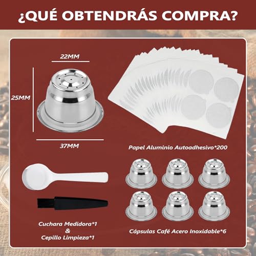 Capsulas de Café Reutilizables 6PCS, Cápsulas de Café de Acero Inoxidable, Resistente a Altas Temperaturas y Fácil de Limpiar, para Nespresso OriginalLine（6 Tazas + 200 Tapas + 1 Pincel + 1 Cuchara）