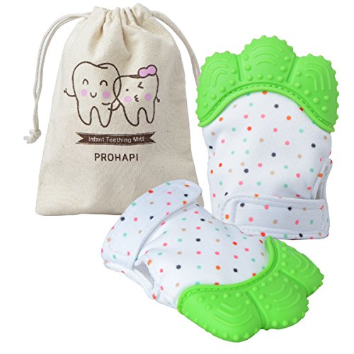 Prohapi Silicone Baby Teething Mitten, Self Soothing Teether & Teething Pain Relief Toy Glove plus Hygienic Travel Storage Pouch - Natural Remedy for Infants & Toddlers 3-12 months(Light Green 2PCS)