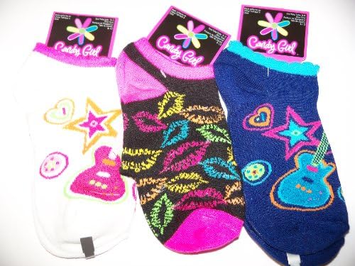 Candy Girls No Show 3 Socks ~ Size 9-11, Shoe 4-10 (Lips, Glittey Guitars)