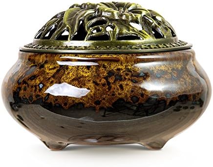UINSOO Ceramic Incense Burner (For Sticks, Cones or Coils Incense) with Fireproof Cotton (Fambe Amber)
