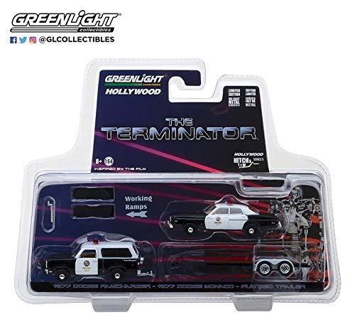 Greenlight Hollywood Hitch & Tow Series 5 The Terminator 1977 Dodge Ram Charger with 1977 Dodge Monaco Metropolitan Police on Flatbed Trailer 1/64 Diecast Vehicle