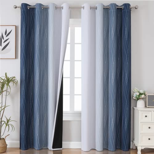 Navy Blue and Greyish White Blackout Curtains for Living Room 84 Inch