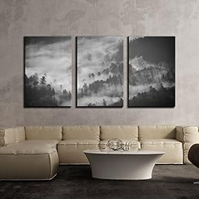 3 Piece Canvas Wall Art - Landscape with Monochrome Mountain in Fog - Modern Home Art Stretched and Framed Ready to Hang - 16"x24"x3 Panels