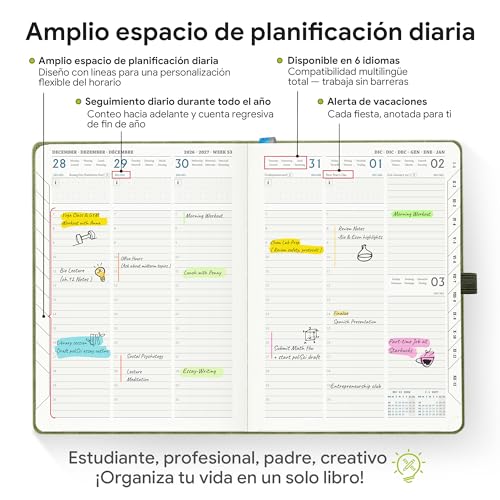 IN-LUXPRO 2026 2027 Diary Week View 21.8 x 16.2 cm, 18 Months Academic (Jul.2026-Dec.2027), Weekly Planner with Monthly Index, PU Leather Softcover, Vertical, Olive Green