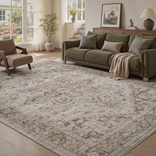 PADOOR 5×7 Area Rug for Living Room, Machine Washable Soft Large Bedroom Rug, Non-Slip Durable Low Pile Vintage Rug, Easy Clean Indoor Carpet for Hall, Kitchen, Dorm, Nursery, Office in Beige