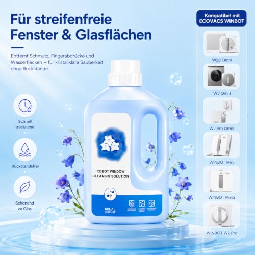 1L Cleaning Solution Compatible with ECOVACS Winbot W1 Pro, W2, W2 Pro Omni, Winbot Mini & Mini2, W2S, W2S Omni Window Cleaner Robot, Streak-Free Glass Cleaning Liquid for All Window Cleaning Robots