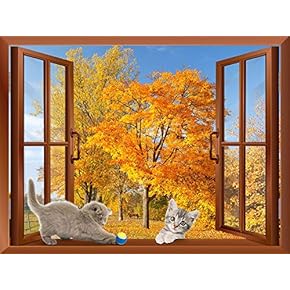 Two Cats Playing on The Windowsill with Golden Leaves in The Background | Removable Wall Sticker/Wall Mural - 24"x32"