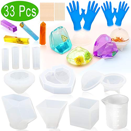 Resin Molds, ZALALOVA 33Pcs Silicone Molds for Resin Large Clear DIY Epoxy Resin Molds Include Cube Pyramid Sphere Diamond Stone Love Resin Casting Molds w/Pendants Measuring Cup Wood Sticks Gloves