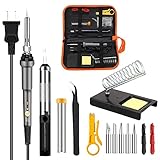 LIUMY Full Set Soldering Iron Kit Electronics, 60W 110V-Adjustable Temperature, 5pcs Different Tips, Desoldering Pump, Tin Wire Tube, Stand, Tweezers, Wire Stripper Cutter, 2pcs Electronic Wire