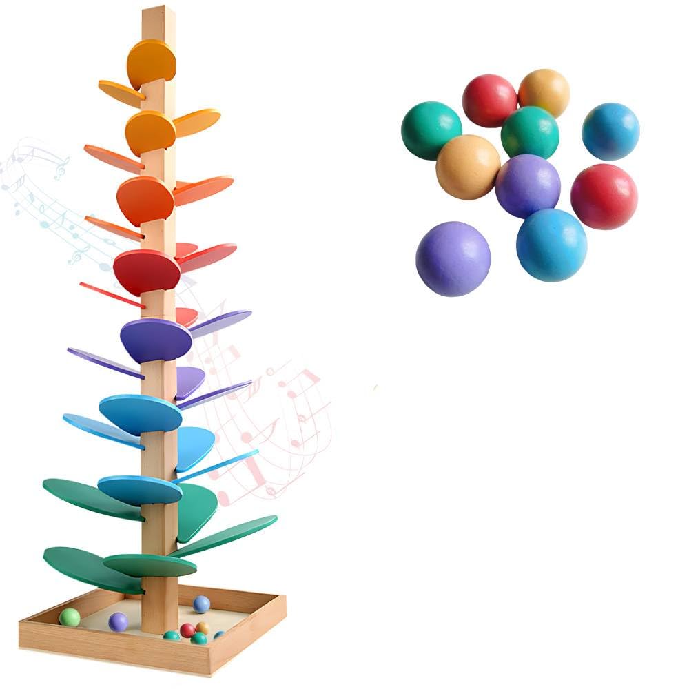 Pengrity Montessori Sound Tree 73cm, Marble Tree, Wooden Marble Run with 10 Rainbow Balls, 6 Colorful Sound Tree for Kids 3+ Years Old Girls and Boys