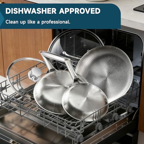 Vutlace Stainless Steel Frying Pan with Lid, 5-Ply Clad Titanium Frying Pan, Uncoated, Titanium Construction, Induction Cookware, Cooking Pan, Stir Fry Pan, Dishwasher Safe Pan, Includes Lid (28cm)